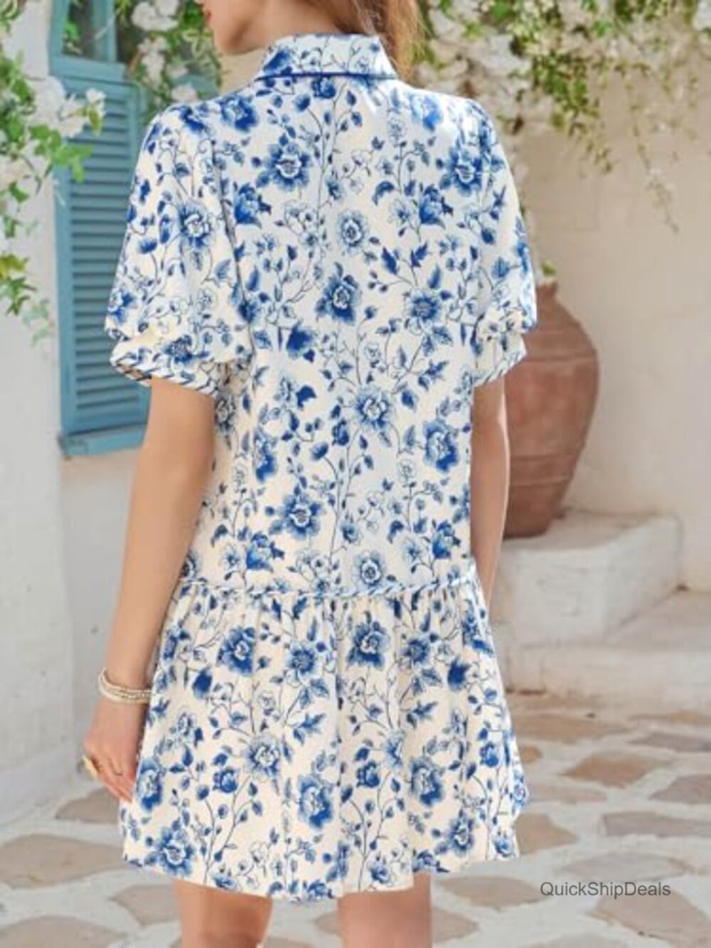 Mini Dress with Short Puff Sleeves Floral Collared V Neck Button Down Shirt - Picture 5 of 5